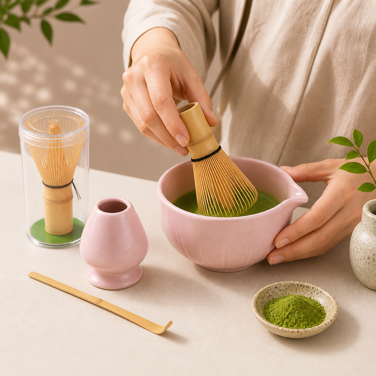 Sets 4 pièces Matcha (bol, fouet, support, cuillère) - Rose